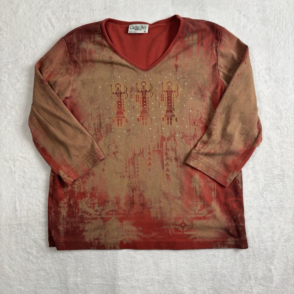 Y2K Cactus Bay Apparel Native American Red Long Sleeve V-Neck Top‎ Women's XL
